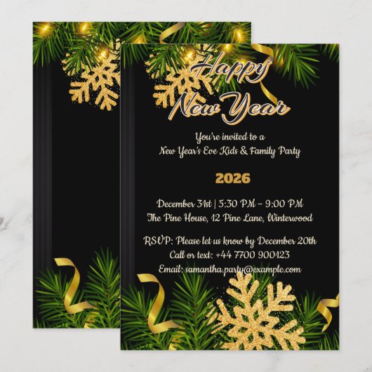 Elegant Black & Gold New Year Invitation 5x7  招待状 (正面/裏面)