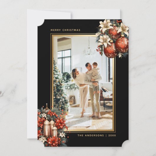 Elegant Black Gold Ornaments Photo Christmas シーズンカード (正面)