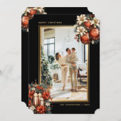 Elegant Black Gold Ornaments Photo Christmas シーズンカード (正面/裏面)
