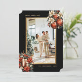 Elegant Black Gold Ornaments Photo Christmas シーズンカード (スタンド正面)