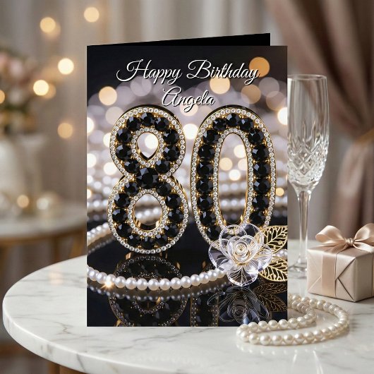 Elegant Black Gold Pearl Diamond 80th Birthday カード