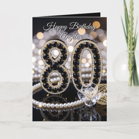 Elegant Black Gold Pearl Diamond 80th Birthday カード (正面)