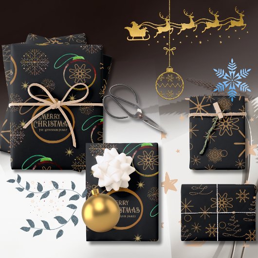 Elegant Black & Gold Personalized Christmas ラッピングペーパーシート