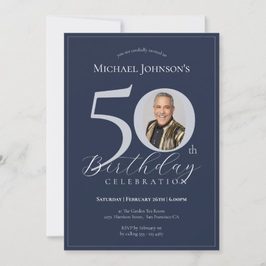 Elegant Black Gold Photo 50th Birthday 招待状 (正面)
