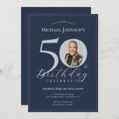 Elegant Black Gold Photo 50th Birthday 招待状 (正面/裏面)