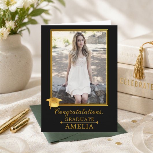 Elegant Black Gold Photo Graduation Congratulation カード