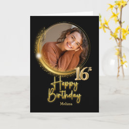 Elegant Black & Gold Photo Name 16th Birthday カード