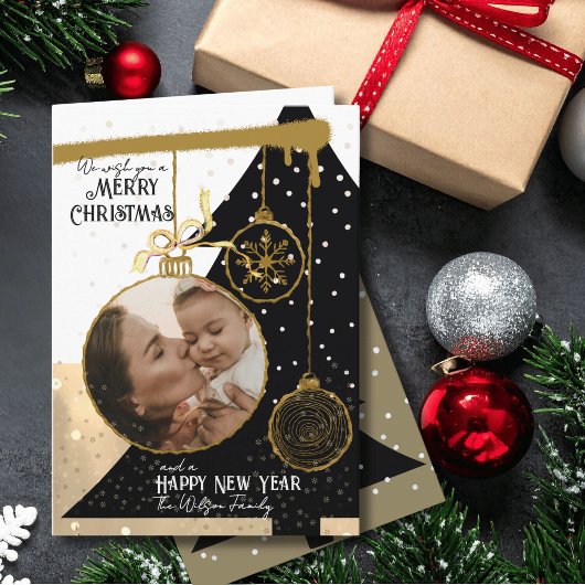 Elegant Black & Gold Photo Ornament Christmas Card シーズンカード