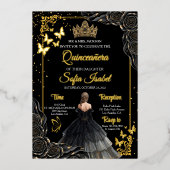 Elegant Black Gold Photo Quinceañera Invite 箔招待状 (正面)