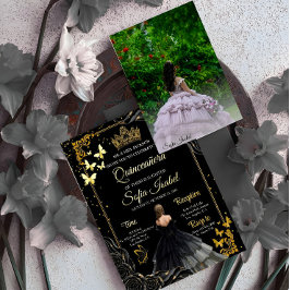 Elegant Black Gold Photo Quinceañera Invite 箔招待状