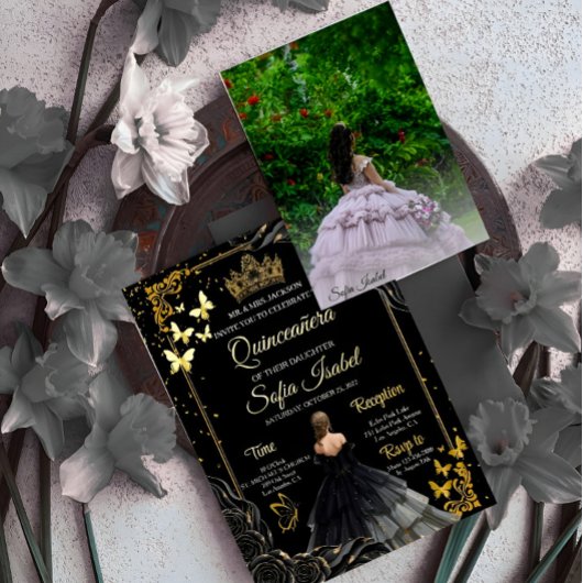 Elegant Black Gold Photo Quinceañera Invite 箔招待状