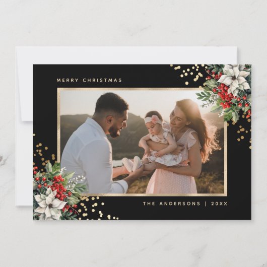 Elegant Black Gold Poinsettia Holly Berries Photo シーズンカード (正面)