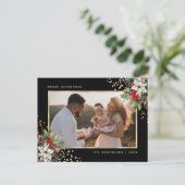 Elegant Black Gold Poinsettia Holly Berries Photo シーズンポストカード (スタンド正面)