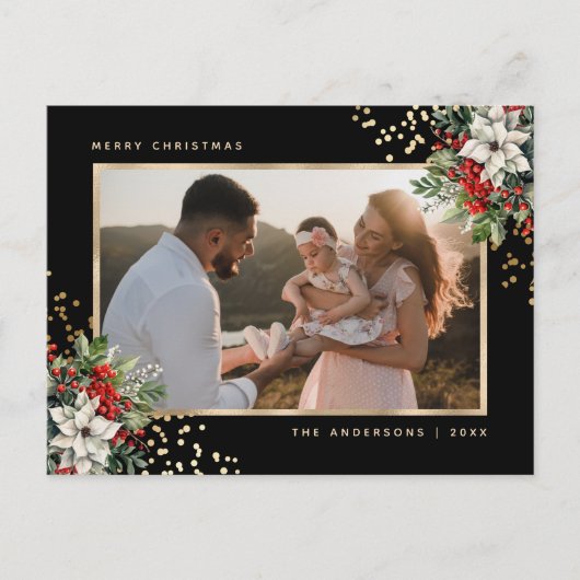Elegant Black Gold Poinsettia Holly Berries Photo シーズンポストカード (正面)