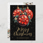 Elegant Black Gold Red Floral Christmas Ornaments シーズンカード (正面/裏面)