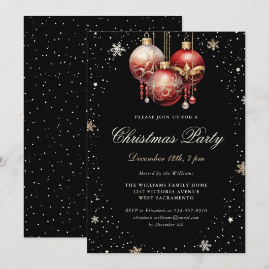 Elegant Black Gold Red Ornaments Christmas Party 招待状 (正面/裏面)
