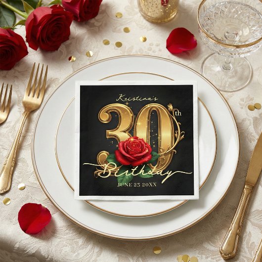 Elegant Black Gold Red Rose 30th Birthday Party スタンダードカクテルナプキン