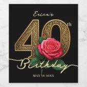 Elegant Black Gold Red Rose 40th Birthday Party ワインラベル (シングルラベル)
