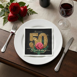 Elegant Black Gold Red Rose 50th Birthday Party スタンダードカクテルナプキン