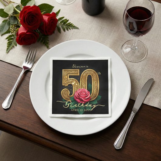 Elegant Black Gold Red Rose 50th Birthday Party スタンダードカクテルナプキン