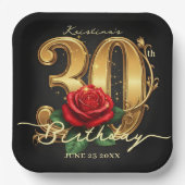 Elegant Black Gold Red Rose Floral 30th Birthday ペーパープレート (正面)