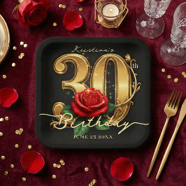 Elegant Black Gold Red Rose Floral 30th Birthday ペーパープレート