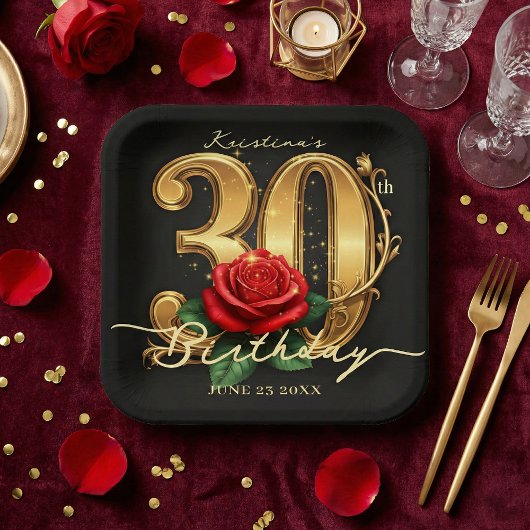 Elegant Black Gold Red Rose Floral 30th Birthday ペーパープレート