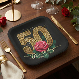 Elegant Black Gold Red Rose Floral 50th Birthday ペーパープレート
