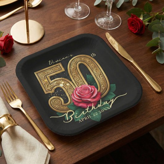 Elegant Black Gold Red Rose Floral 50th Birthday ペーパープレート