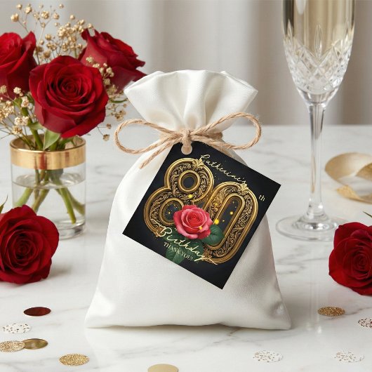 Elegant Black Gold Red Rose Floral 80th Birthday フェイバータグ