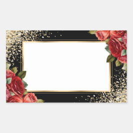 Elegant Black Gold Red Rose Floral Name Tag 長方形シール