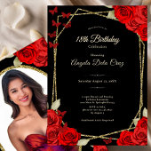 Elegant Black Gold Red Roses 18th Birthday Debut 招待状