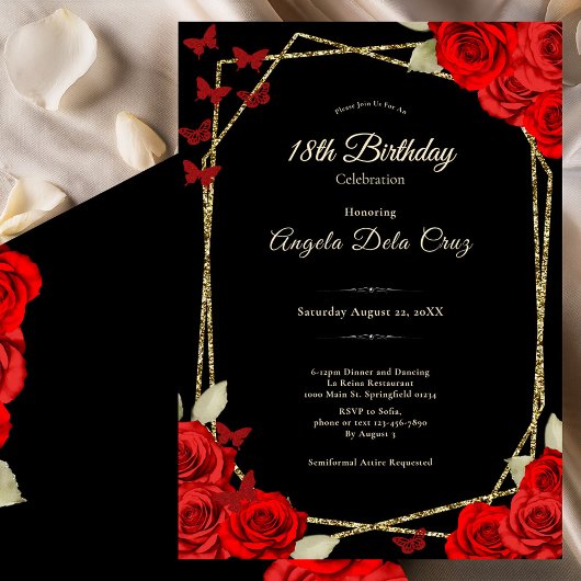 Elegant Black Gold Red Roses 18th Birthday Debut 招待状