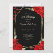 Elegant Black Gold Red Roses 18th Birthday Debut 招待状 (正面)