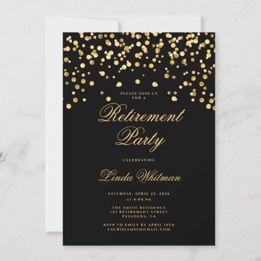 Elegant Black & Gold Retirement Party 招待状 (正面)