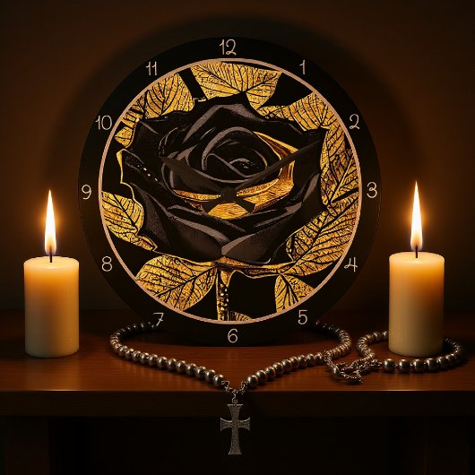 Elegant Black Gold Rose ラージ壁時計