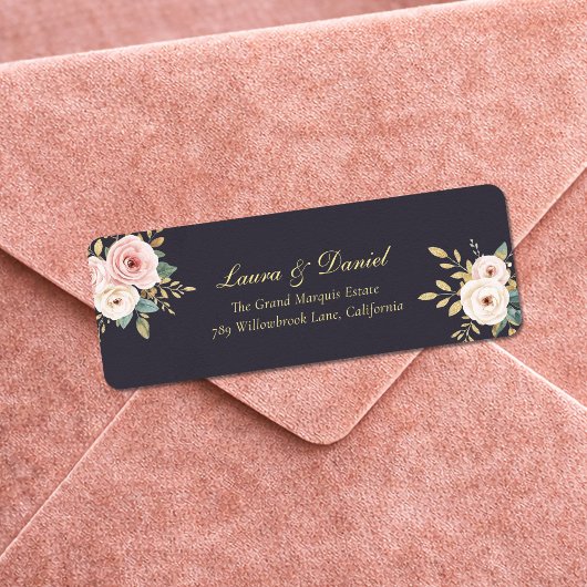 Elegant Black & Gold Roses Return Address Label ラベル