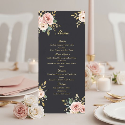 Elegant Black & Gold Roses Wedding Flat Menu メニュー