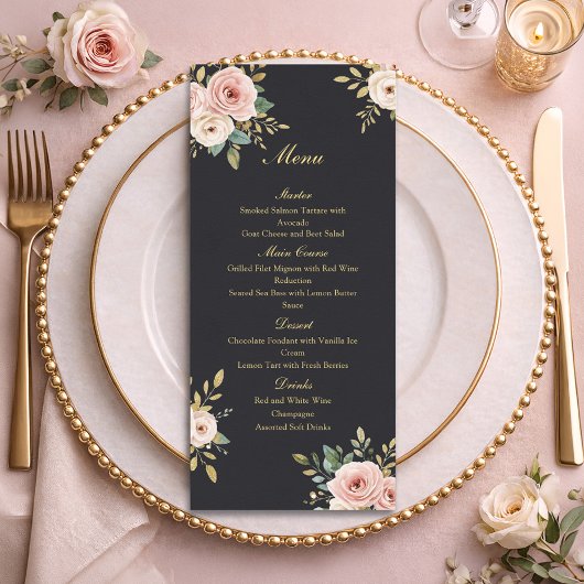 Elegant Black & Gold Roses Wedding Flat Menu メニュー