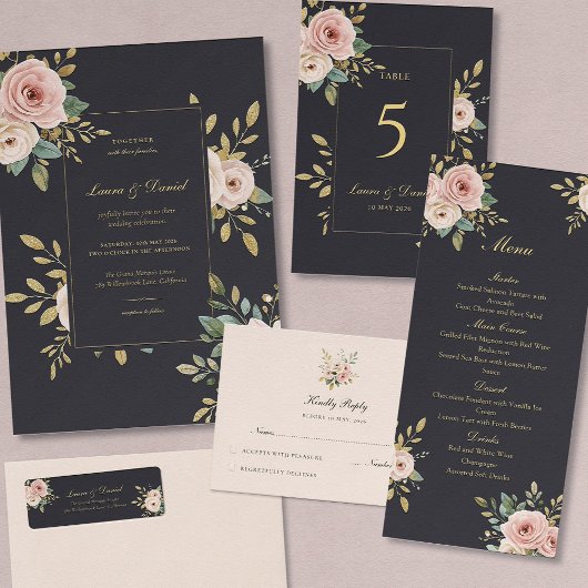 Elegant Black & Gold Roses Wedding Flat Menu メニュー