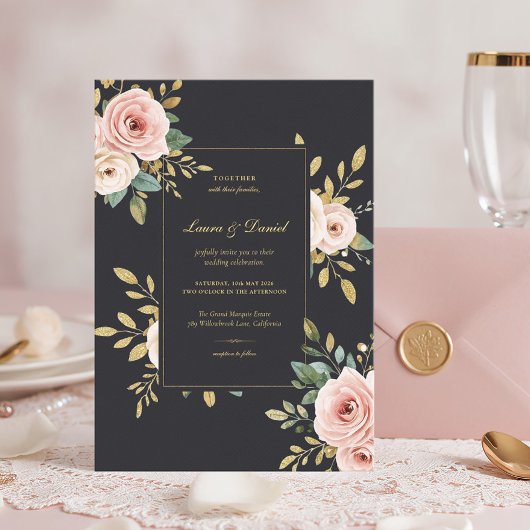 Elegant Black & Gold Roses Wedding Invitation 招待状