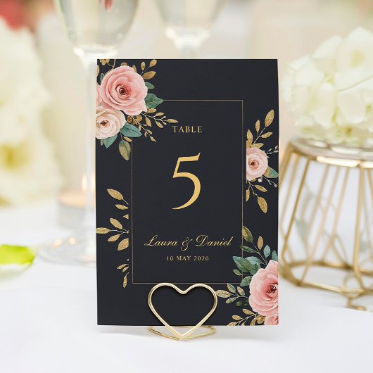 Elegant Black & Gold Roses Wedding Table Number テーブルナンバー