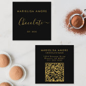 Elegant Black Gold Script Chocolate Qr Code スクエア名刺