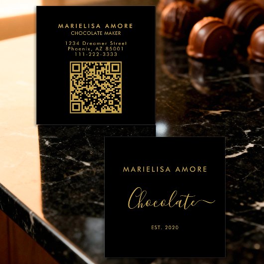 Elegant Black Gold Script Chocolate Qr Code スクエア名刺