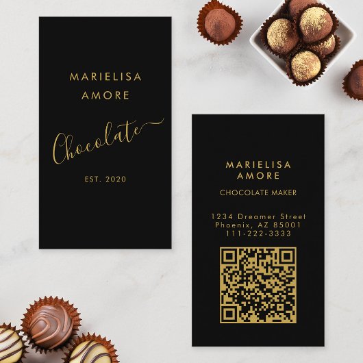 Elegant Black Gold Script Chocolate Qr Code 名刺