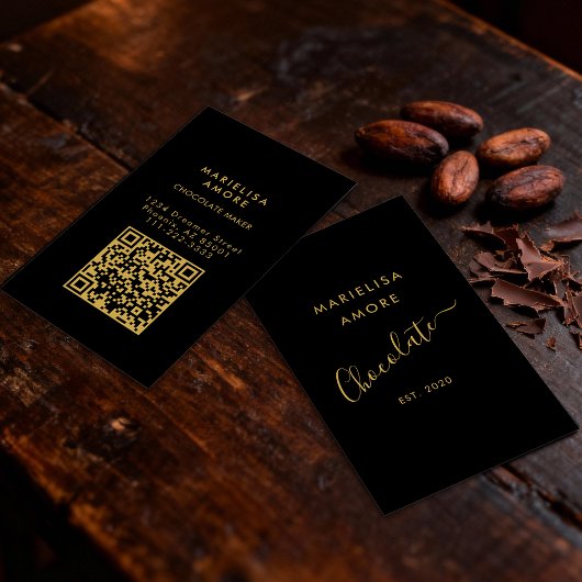 Elegant Black Gold Script Chocolate Qr Code 名刺