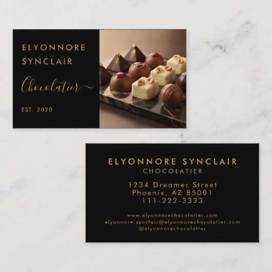 Elegant Black Gold Script Chocolatier Branding 名刺 (正面/裏面)