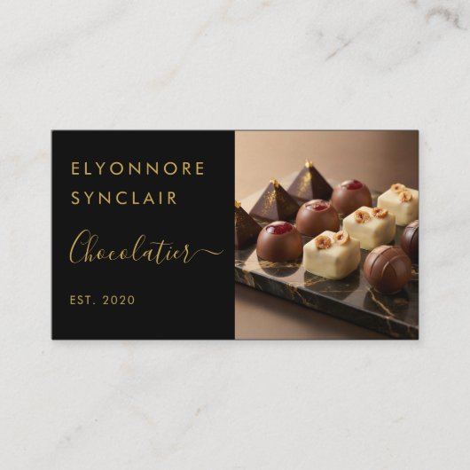 Elegant Black Gold Script Chocolatier Branding 名刺 (正面)