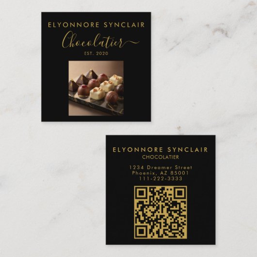 Elegant Black Gold Script Chocolatier Photo QrCode スクエア名刺 (正面/裏面)