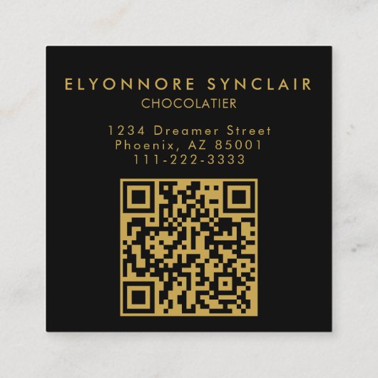 Elegant Black Gold Script Chocolatier Photo QrCode スクエア名刺 (裏面)